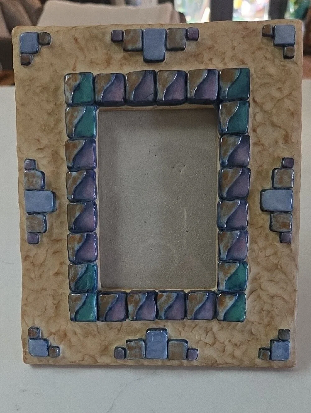 Southwest Inspired Picture Frame with Cream Base and Blue & Green Mosaic Accents